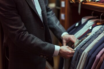 Close-up of a man in a suit browsing through a selection of formal jackets on hangers in a clothing store.
