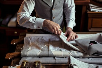 Tailor working with fabric and patterns on a vintage wooden table in a workshop.