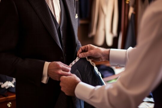 Close-up of tailor measuring client's waist for suit fitting.