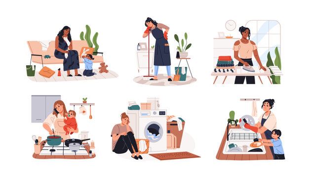 Overworked housewife set. Tired single mother do housework, cleaning, cooks. Busy sad mom do house duties, chores. Exhausted woman works at home. Flat isolated vector illustration on white background