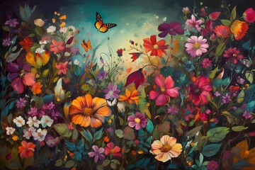 Fototapeta na wymiar Beautiful floral background with wildflowers and butterflies. Vector illustration.