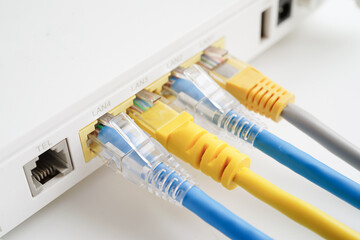 Ethernet cable with wireless router connect to internet service provider network.