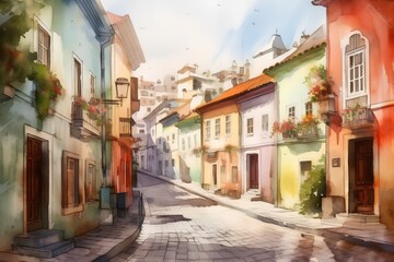 Digital watercolor painting of a street in Prague, Czech Republic.