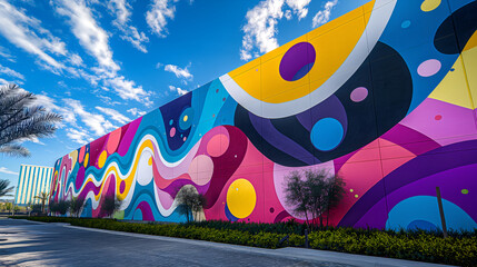 City Colors: Vibrant Mural Wall Adding Life to Urban Skyline and Modern Buildings