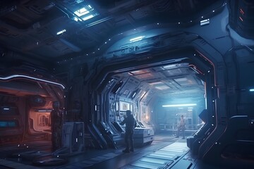 Dark spaceship interior with glowing lights, 3d render toned image