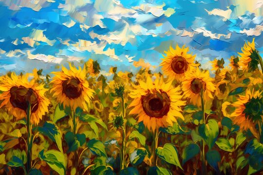 Oil painting of sunflowers on canvas with blue sky and clouds