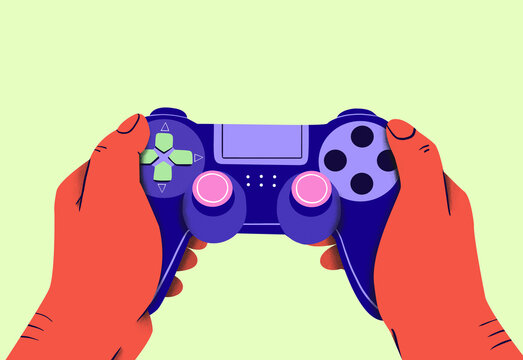 Hands of person holding joystick against green background