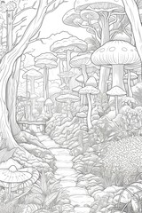 Fantasy landscape with a path in the forest. Coloring book for adults