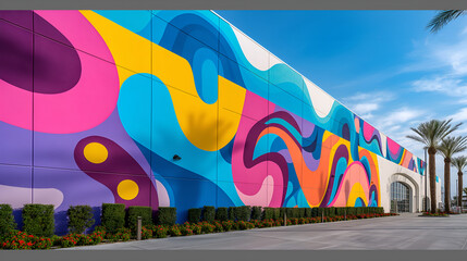 Urban Canvas: Colorful Mural Wall Standing Out Against Realistic Blue Skies and Modern Buildings