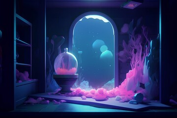 Fantasy aquarium. Vector illustration of a fantasy aquarium in a dark room. - obrazy, fototapety, plakaty