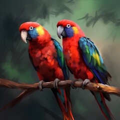 Two macaw parrots sitting on a branch. Vector illustration.