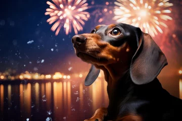 Fotobehang  Photo of a Dachshund hunched over and alert, with a worried expression, clearly bothered by the ongoing fireworks © Hanna Haradzetska