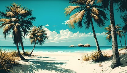 Beautiful tropical beach with palm trees and sand. Vector illustration.