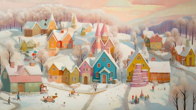 Winter village with houses and snow covered trees. Watercolor illustration.