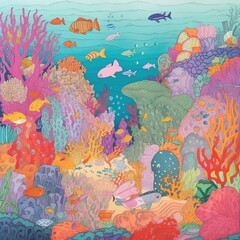 Coral reef and fish. Underwater world. Vector illustration.