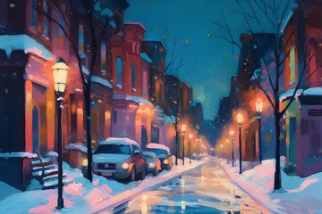 Rolgordijnen Winter city street in the evening. Illustration oil painting on canvas. © Ai