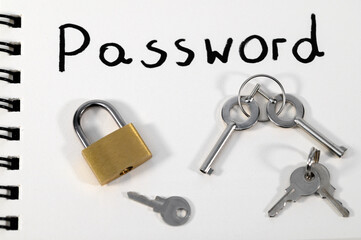 Angielske słowo password napis obok kłódka i klucze - obrazy, fototapety, plakaty