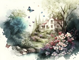 Watercolor illustration of a house in the garden with flowers and butterflies