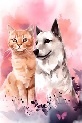 Cute cat and dog in watercolor style. Vector illustration.