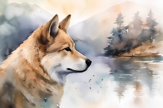 Watercolor portrait of a wolf on a background of a mountain lake