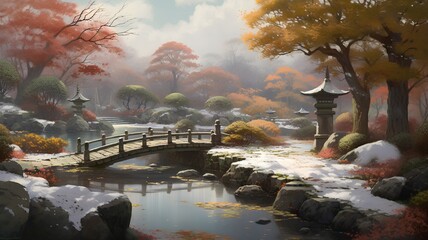 Autumn landscape with a bridge over the pond. 3d render