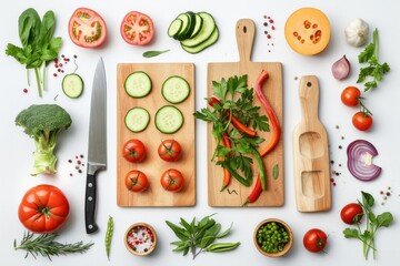 Fresh various vegetables with wooden cutting boards and knife on white kitchen table top view. 