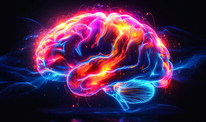Vibrant neon brain illustration depicting neural activity, creativity, and cognitive processes in a conceptual representation of the human mind