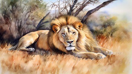 Lion in the savannah. Watercolor painting. Illustration.