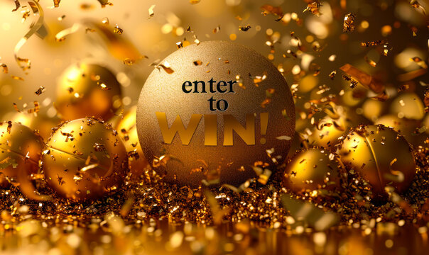Golden raffle ticket with the phrase enter to WIN! suggesting participation in a lottery, contest, sweepstake, or a chance to win a prize