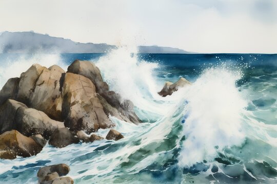 Watercolor seascape with big waves and rocks. Digital painting.