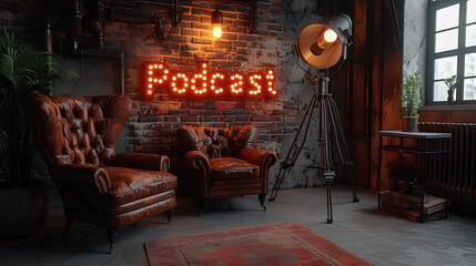 Two armchairs, a modern workplace and a stylish word podcast, a place for an interview in a podcast.