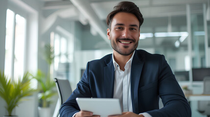 Fototapeta premium A happy successful, confident businessman of mixed race in his office.