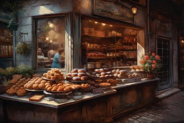 Bakery shop in the old town of Lviv, Ukraine. - obrazy, fototapety, plakaty