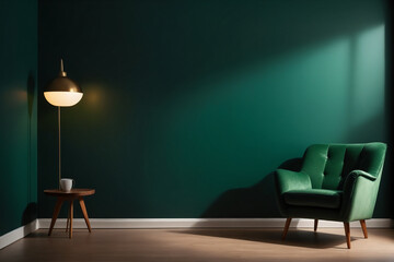 Living room with green armchair on empty dark green wall background