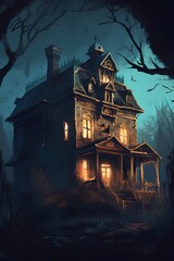 Haunted house in the forest. Halloween background. 3D illustration. - obrazy, fototapety, plakaty
