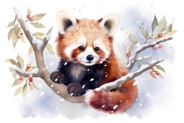 Watercolor illustration of a red panda sitting on a branch.