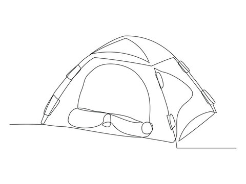 recommend clip art: Continuous single line sketch drawing outdoor tent camping travel. One line art nature tourism, journey, adventure vector illustration
