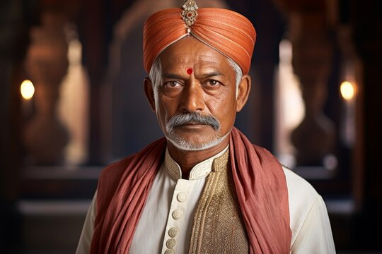 
Photo of a middle-aged Vaishya man in traditional Indian attire, wearing a stylish kurta-pajama or sherwani, exuding prosperity and success associated with the Vaishya caste, perhaps with symbols of 