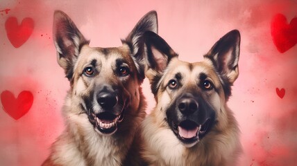 Two german shepherds on a pink background with red hearts - obrazy, fototapety, plakaty
