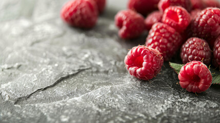 Some raspberries on a gray wooden table.
