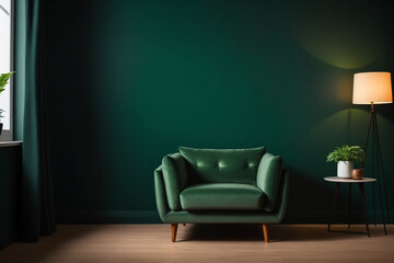 Living room with green armchair on empty dark green wall background