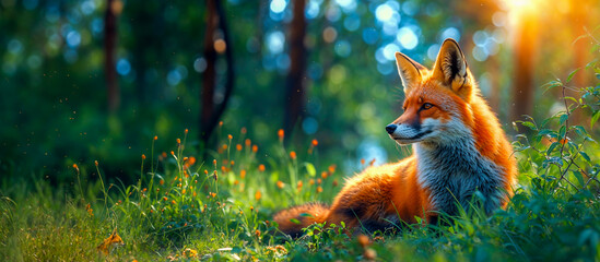 un renard roux allongé dans l'herbe dans une clairière bien verte - obrazy, fototapety, plakaty
