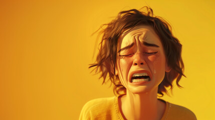 crying woman character with yellow background and empty text copy space
