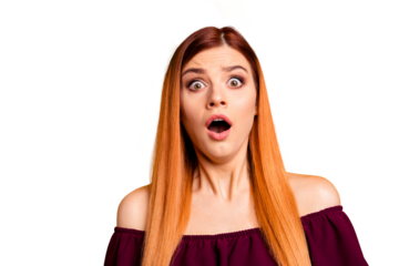 Portrait of red straight-haired attractive cute nice scared young girl with opened mouth. Isolated over bright vivid yellow background