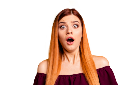 Portrait of red straight-haired attractive cute nice scared young girl with opened mouth. Isolated over bright vivid yellow background