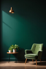 Living room with green armchair on empty dark green wall background