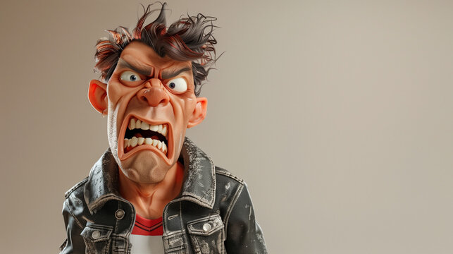 angry punk man in denim jacket character with plain background and empty text copy space