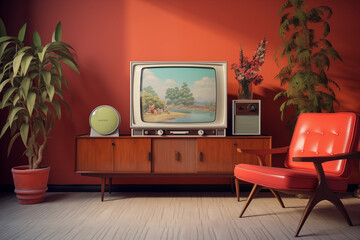 Retro living room interior with tv
