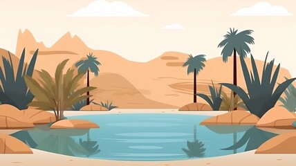 Desert landscape with palm trees and pond. Vector cartoon illustration.