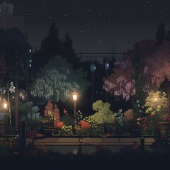 City park at night with lanterns and flowers. Vector illustration.